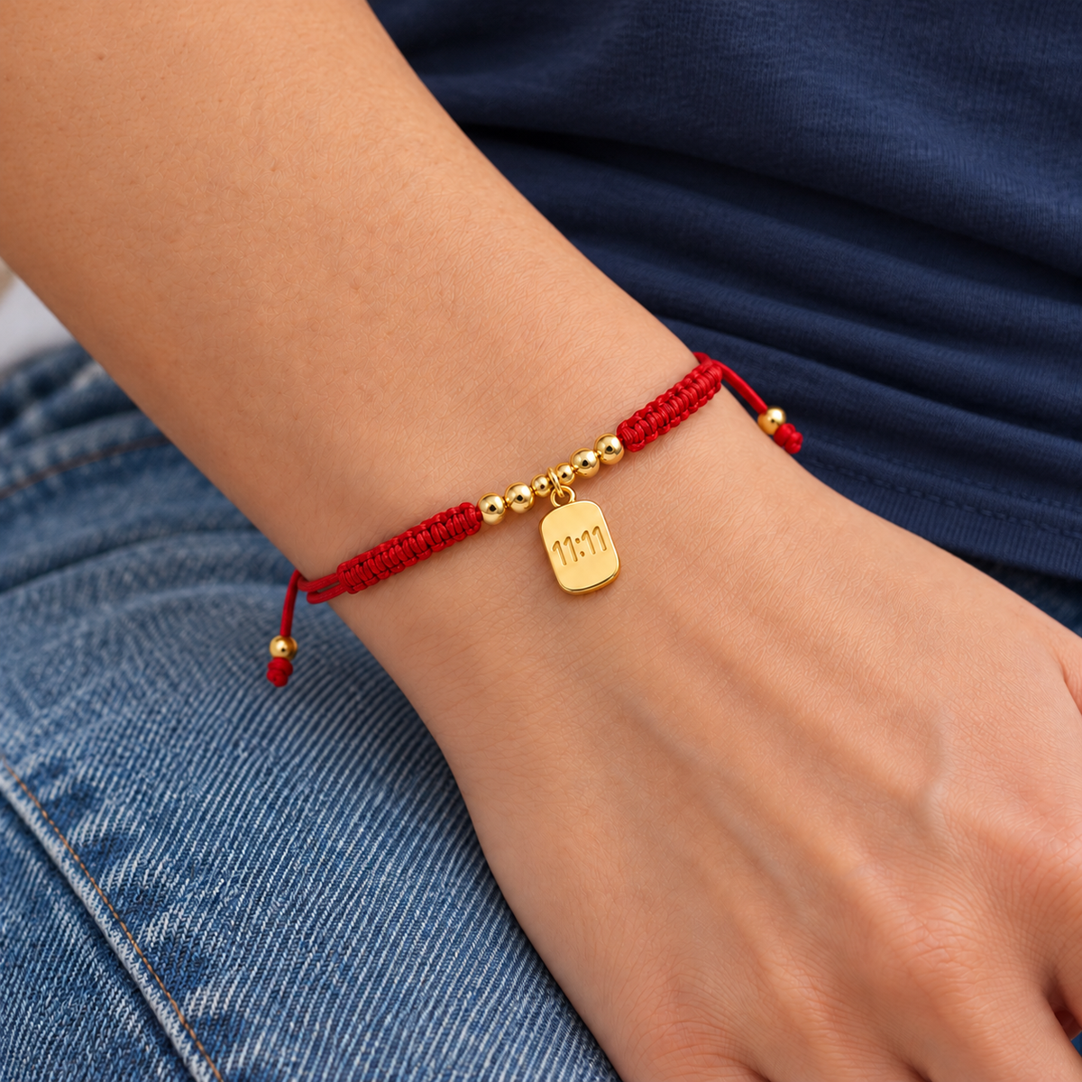 11:11 Cord Bracelet — try-on with modern dark clothing