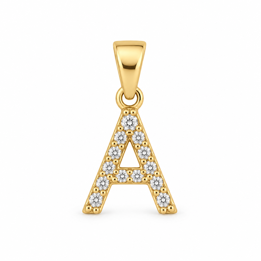 18K Gold Filled Initial Letter Pendant with Crystal Accents, high-definition close-up on white