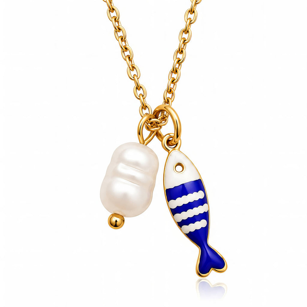 Fish PVD Gold-Plated Steel Necklace with Freshwater Pearl - Bubble Pop