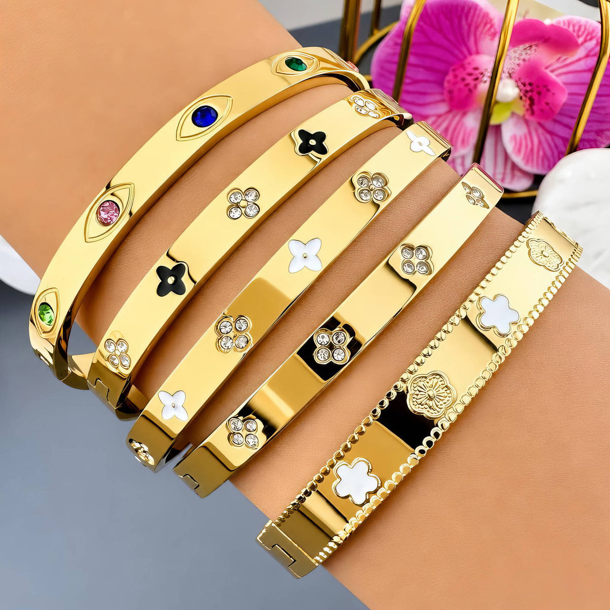 Evil Eyes PVD Gold-Plated Steel Bracelet - Intensity