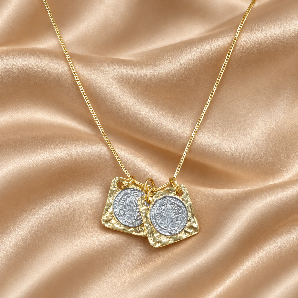 Two-Tone Saint Benedict Pendant Necklace – Gold Plated — close-up sobre satén