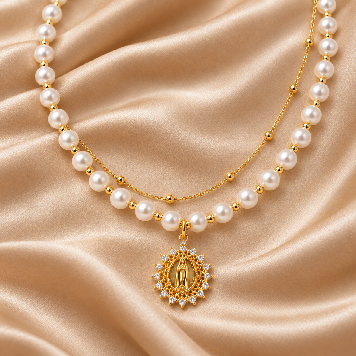 Pearl Virgin Mary Necklace – 15″ – Gold Plated — close-up sobre satén