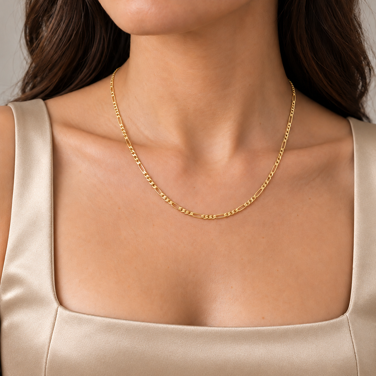 Figaro Chain Necklace - 18K Gold Filled — Try on · champagne outfit