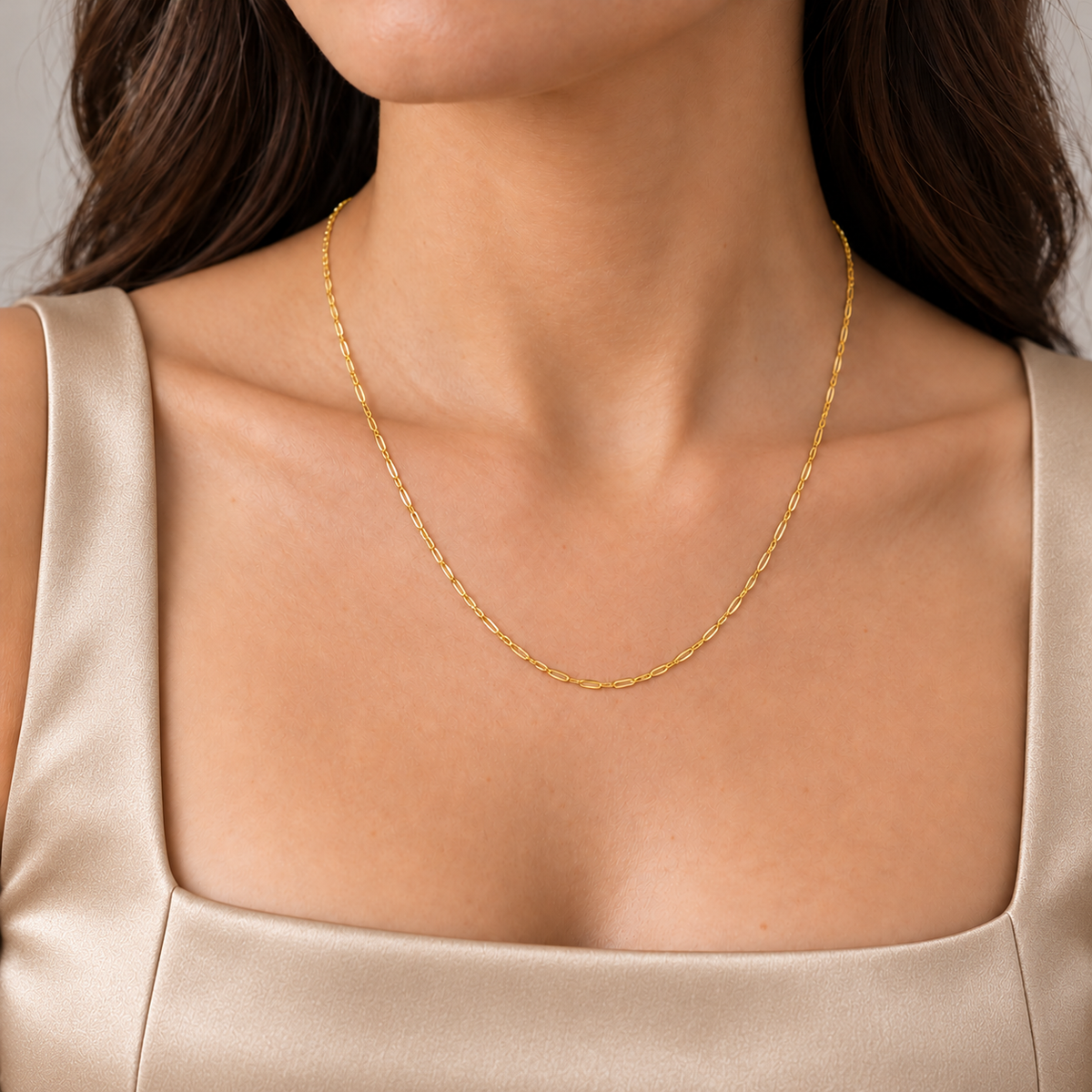 Delicate Chain 18K Gold Filled 18 Inches — Try on · champagne outfit