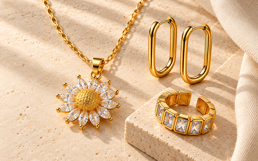 Close view of Amara floral necklace, Fleur crystal ring and Aurelia oval earrings on ivory stone
