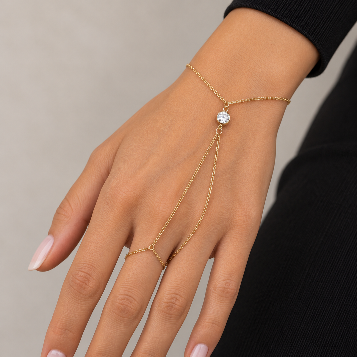 CZ Hand Chain Bracelet — realistic wrist try-on