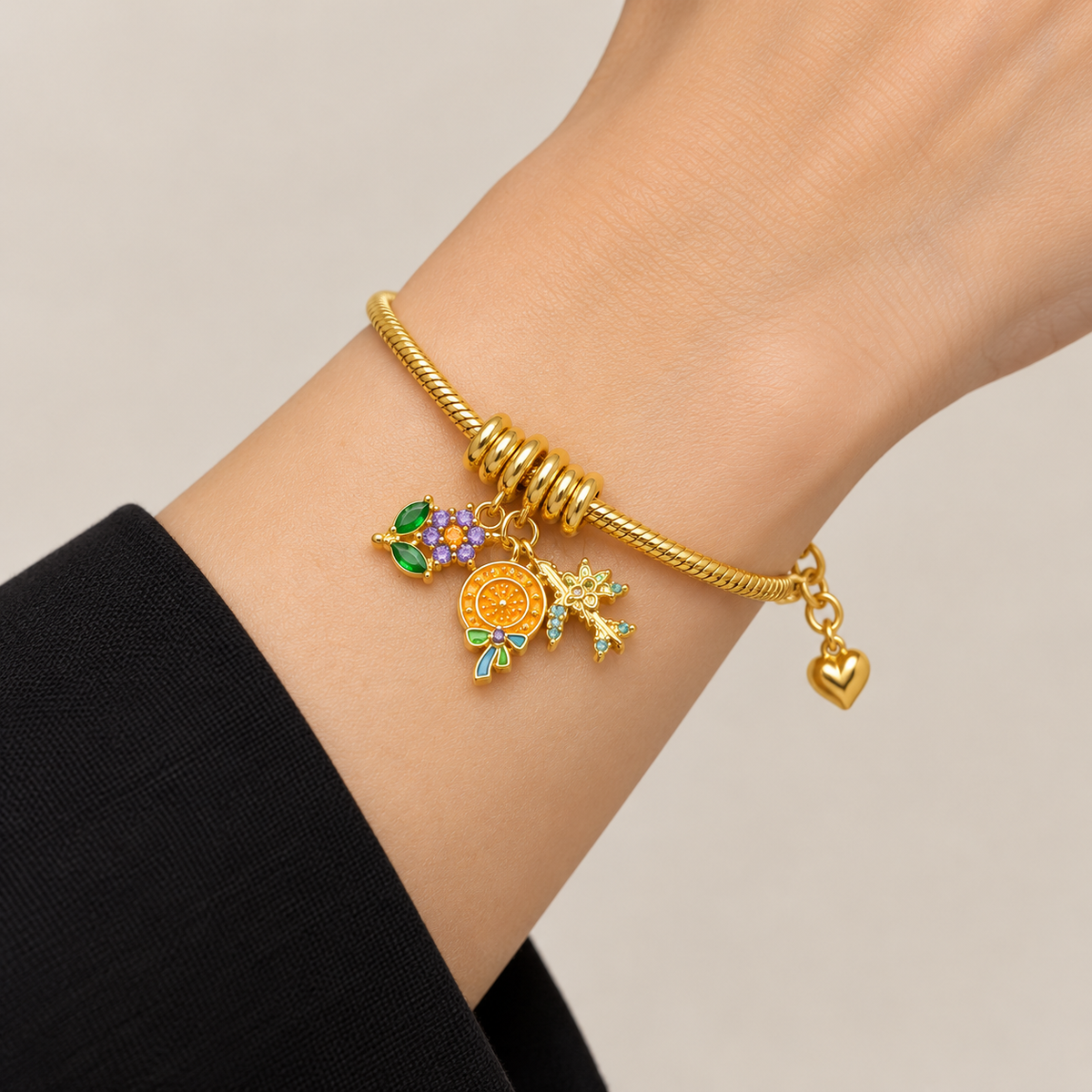 Enchanted Garden Charm Bracelet — realistic wrist try-on