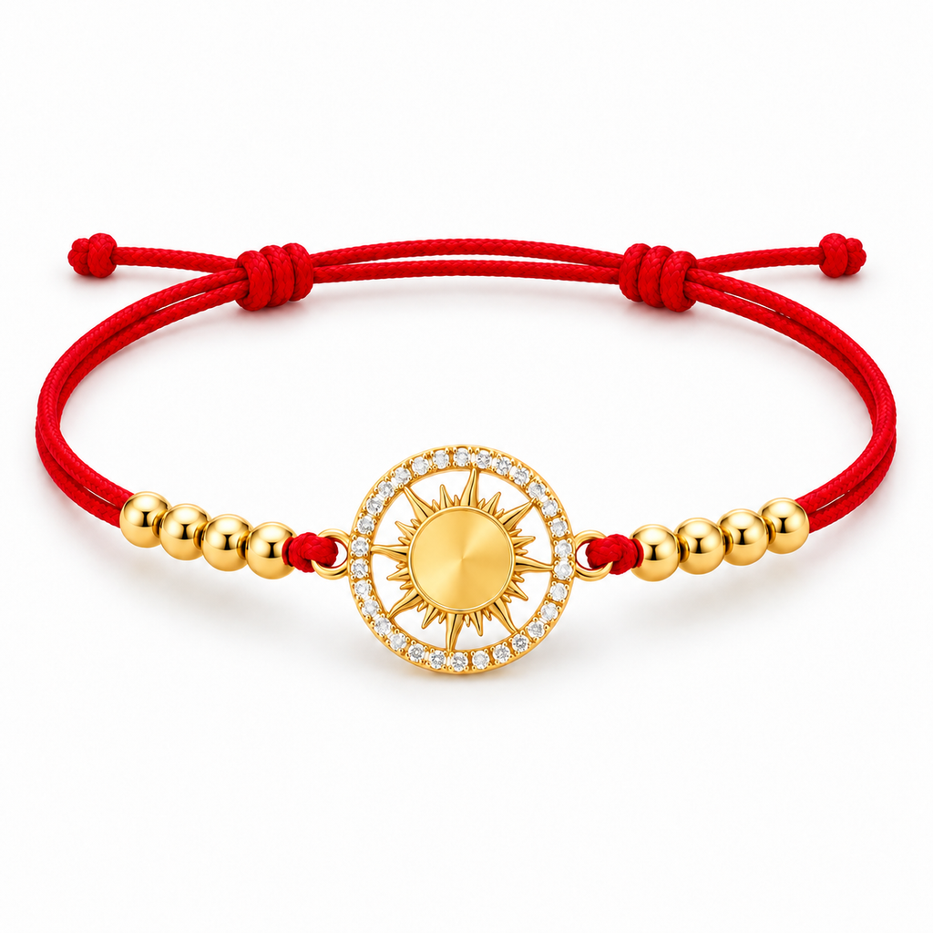 Radiant Sun Adjustable Bracelet with complete red rear adjustable cord and drawstring ends on white background