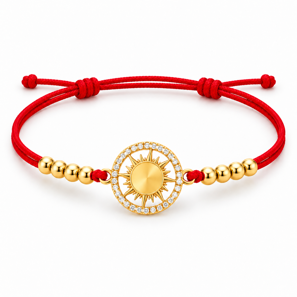 Radiant Sun Adjustable Bracelet with complete red rear adjustable cord and drawstring ends on white background