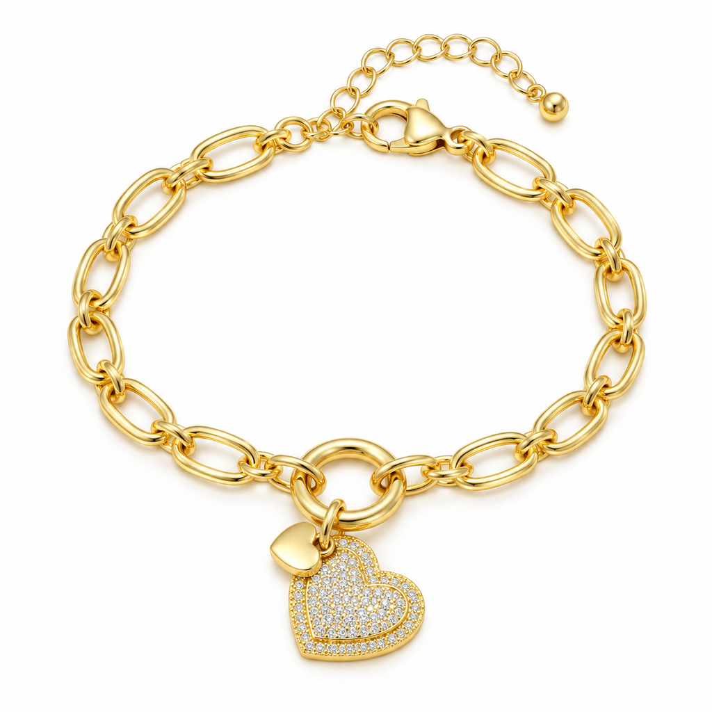 Heart Charm Paperclip Bracelet — full bracelet on white background
