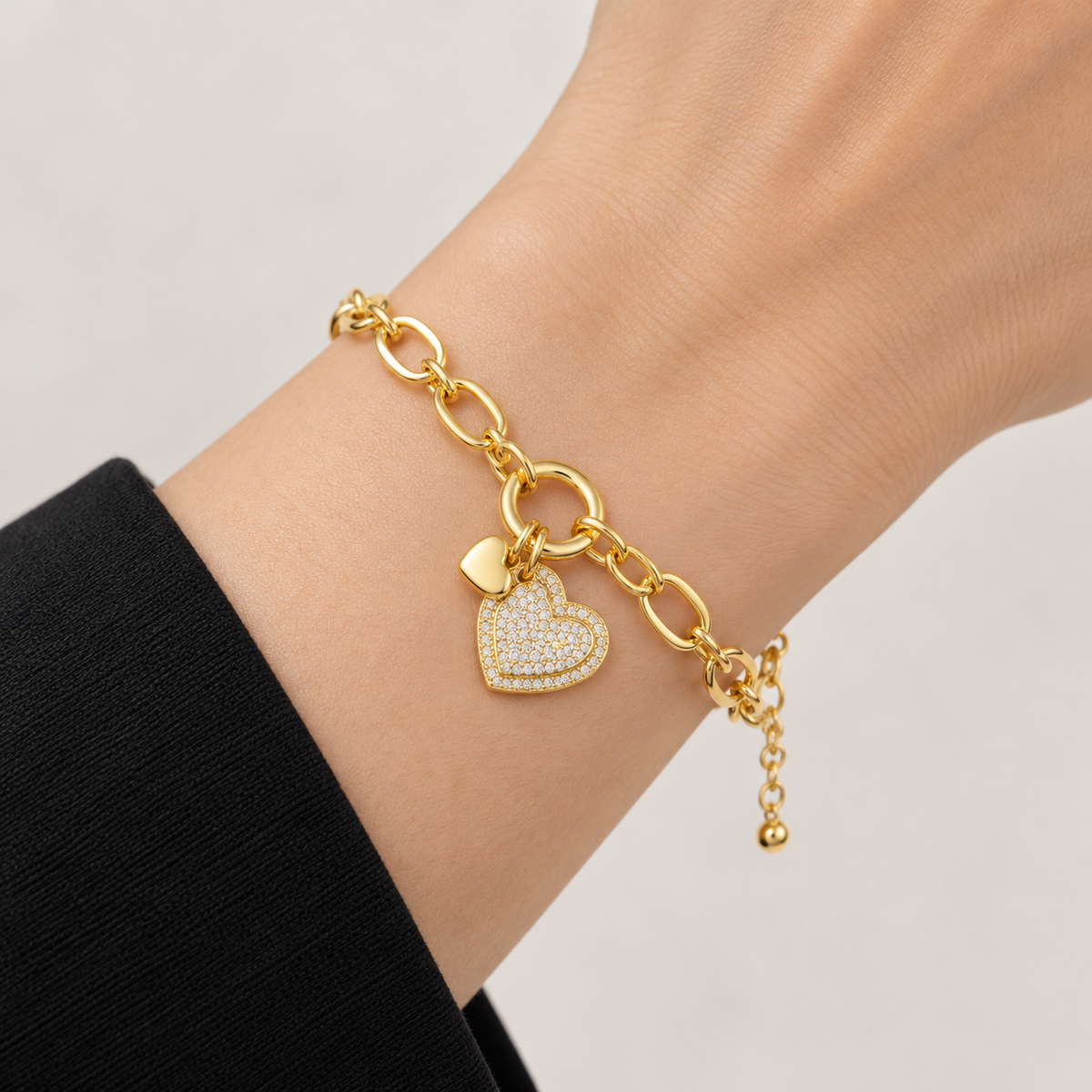 Heart Charm Paperclip Bracelet — realistic wrist try-on