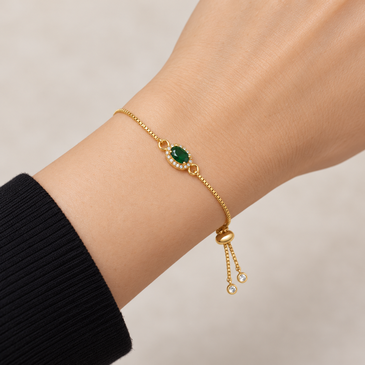 Green Oval Slider Bracelet — realistic wrist try-on