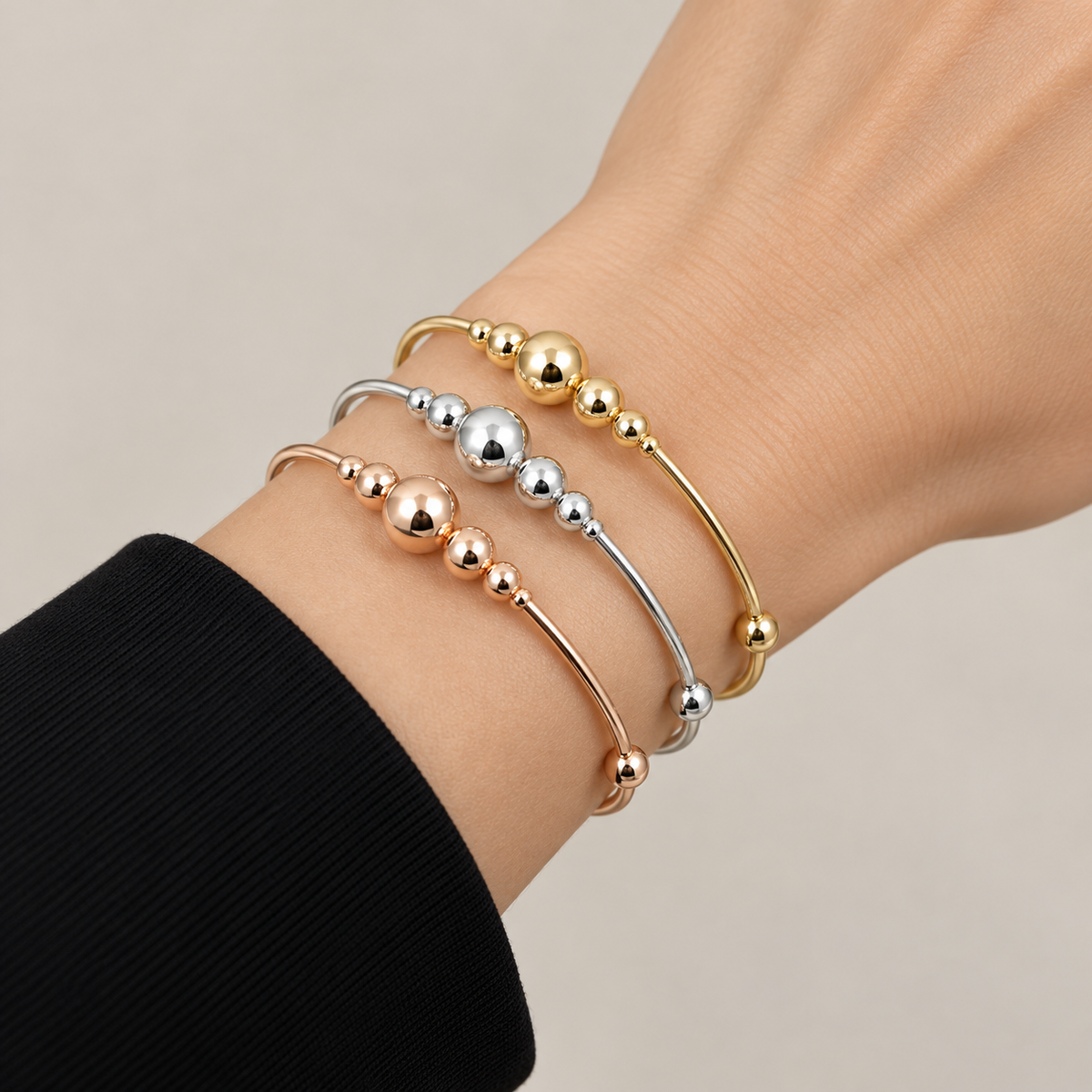 Tri-Tone Beaded Cuff Set — realistic wrist try-on