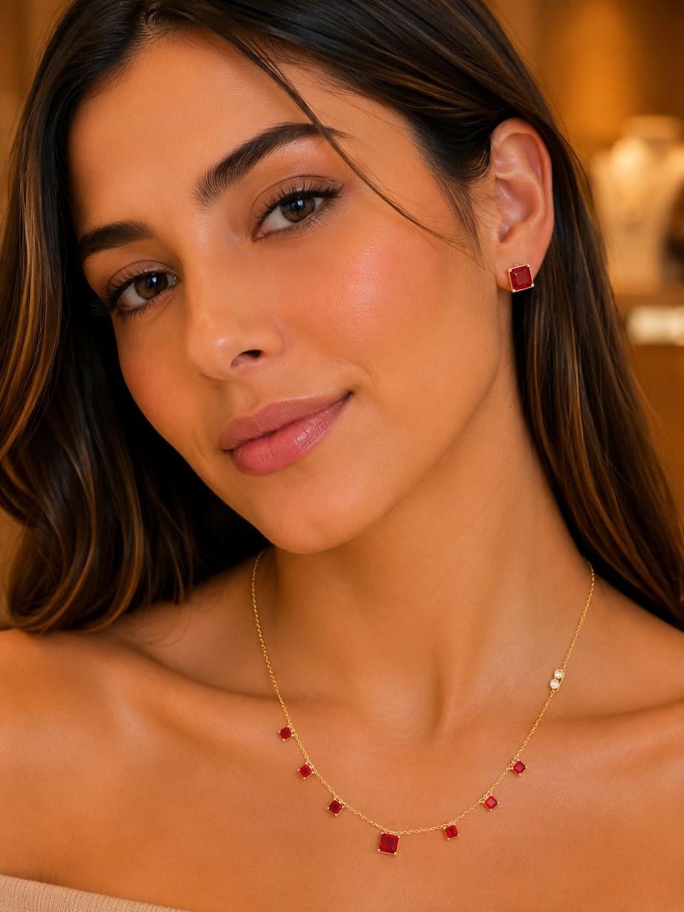 Red Square Stone Jewelry Set – Gold Plated — original product photo 1