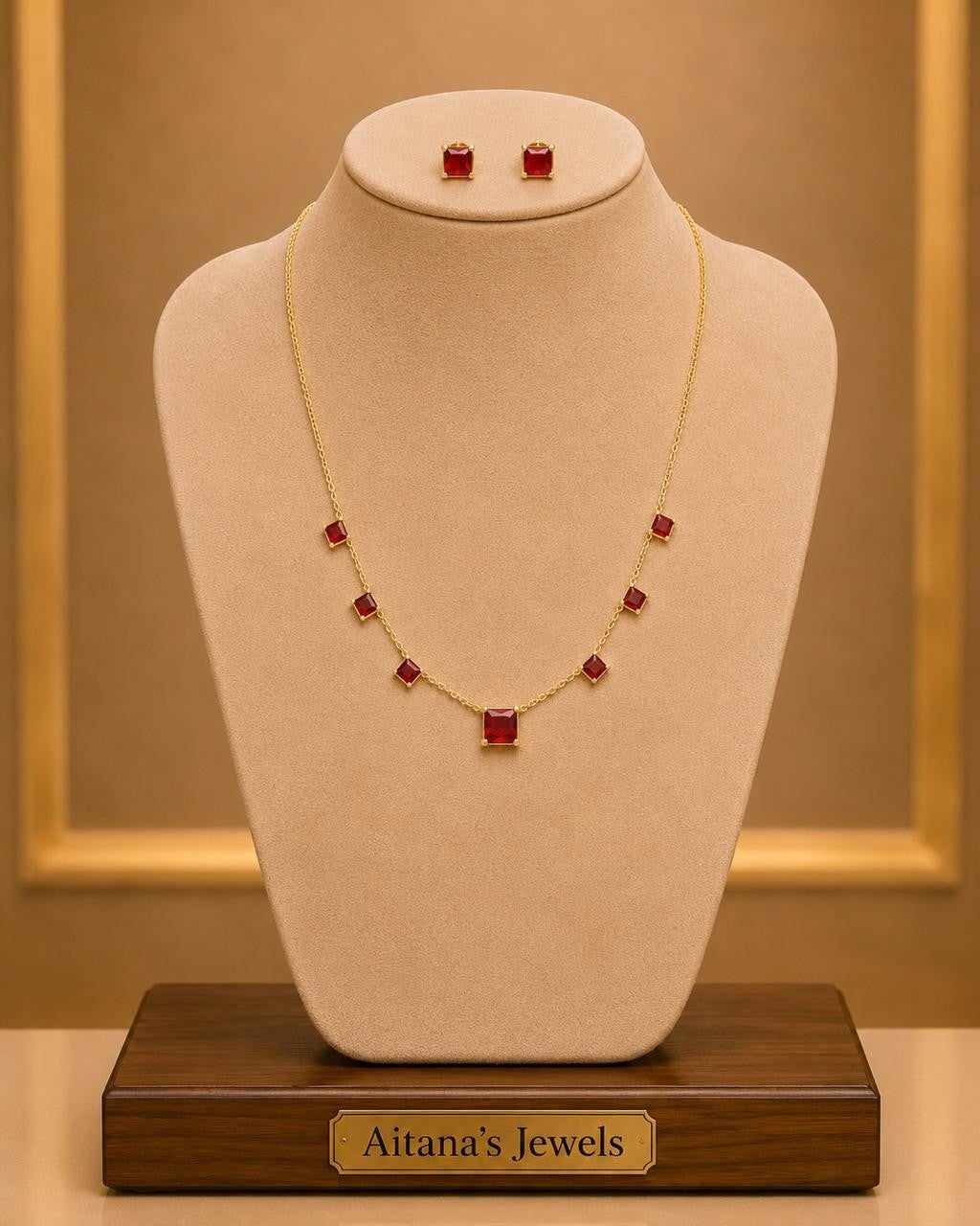 Red Square Stone Jewelry Set – Gold Plated — original product photo 2