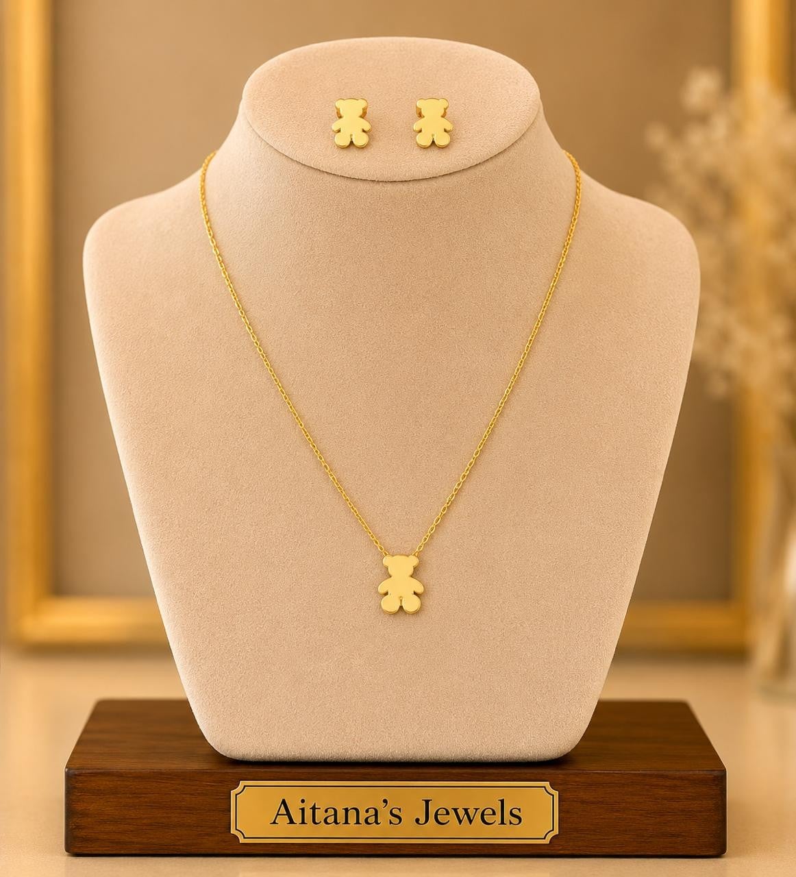 Teddy Bear Necklace & Earrings Set – Gold Plated — original product photo 1