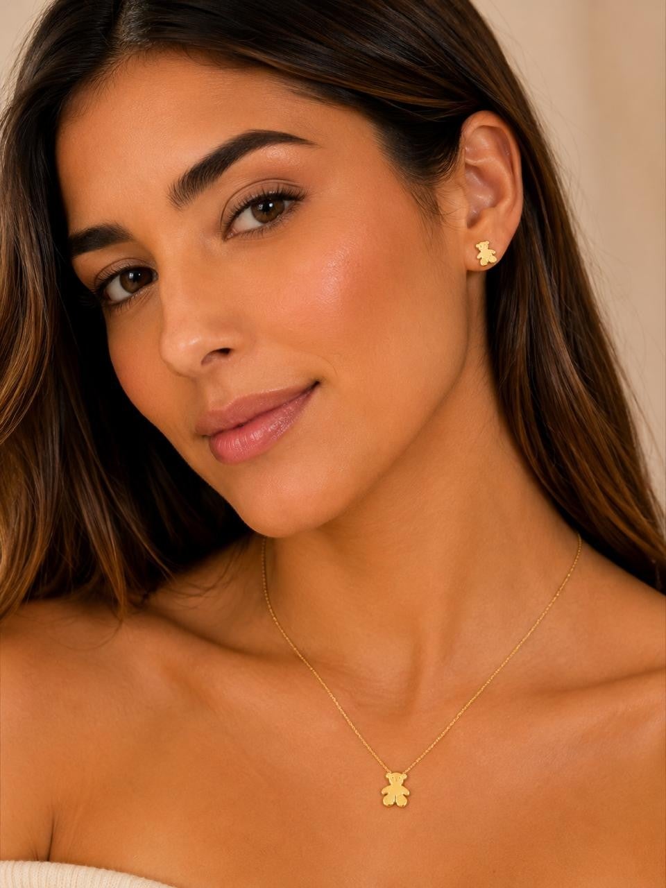 Teddy Bear Necklace & Earrings Set – Gold Plated — original product photo 2
