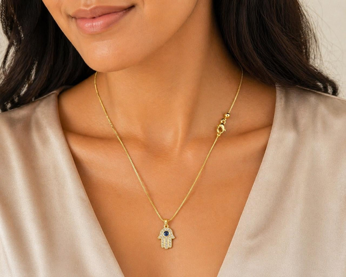 Blue Eye Hamsa Pendant Necklace – Gold Plated — original product photo 1