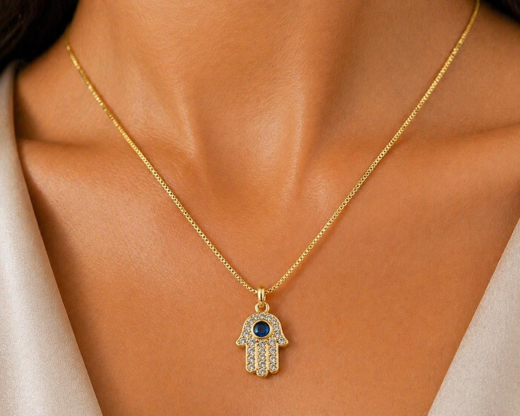 Blue Eye Hamsa Pendant Necklace – Gold Plated — original product photo 2