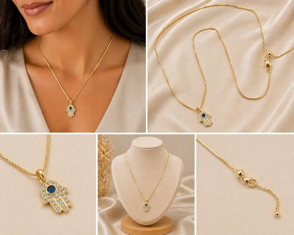 Blue Eye Hamsa Pendant Necklace – Gold Plated — original product photo 3