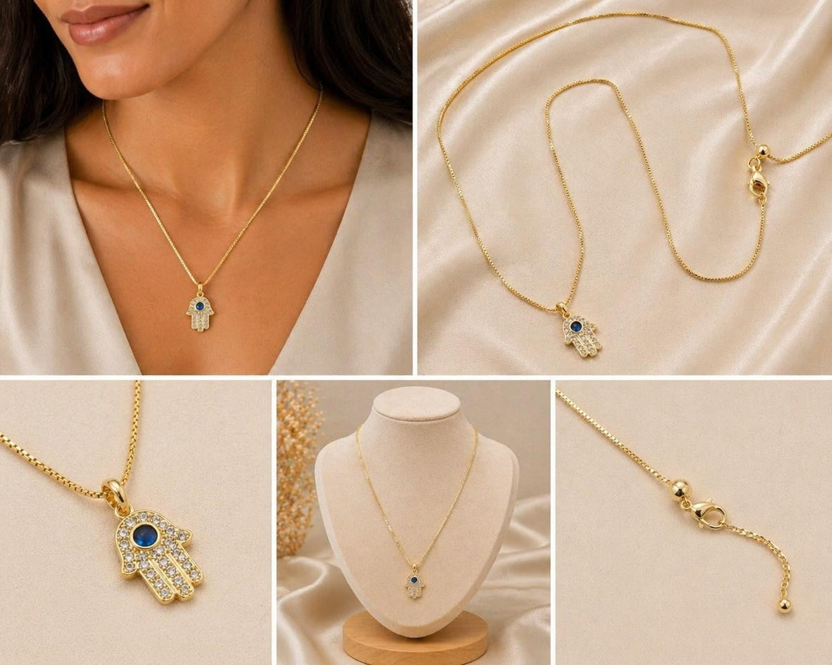 Blue Eye Hamsa Pendant Necklace – Gold Plated — original product photo 3