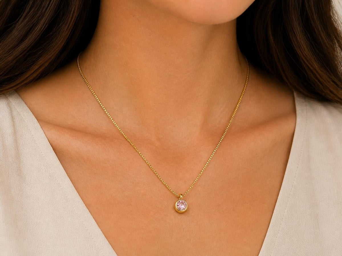 Pink Round Stone Pendant Necklace – Gold Plated — original product photo 1