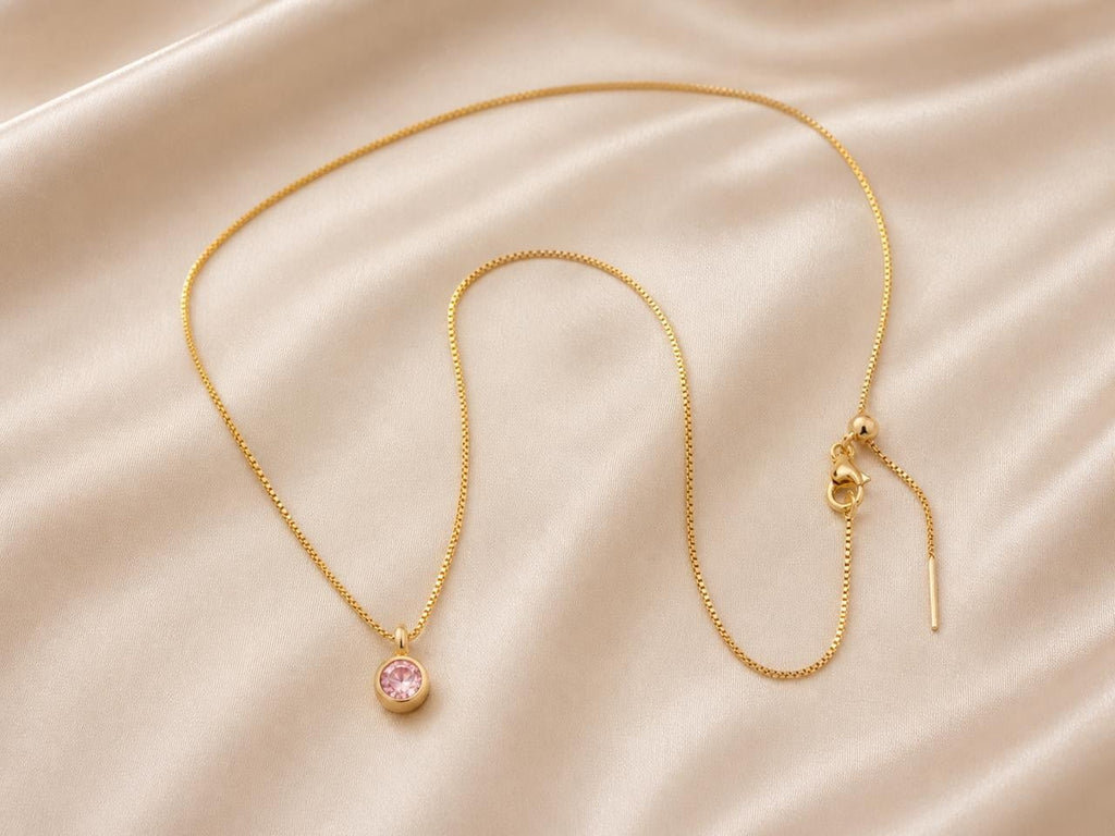 Pink Round Stone Pendant Necklace – Gold Plated — original product photo 2