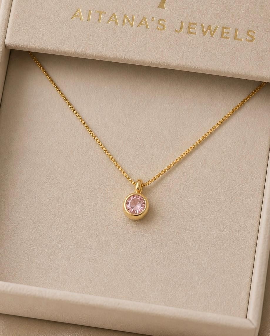 Pink Round Stone Pendant Necklace – Gold Plated — original product photo 5