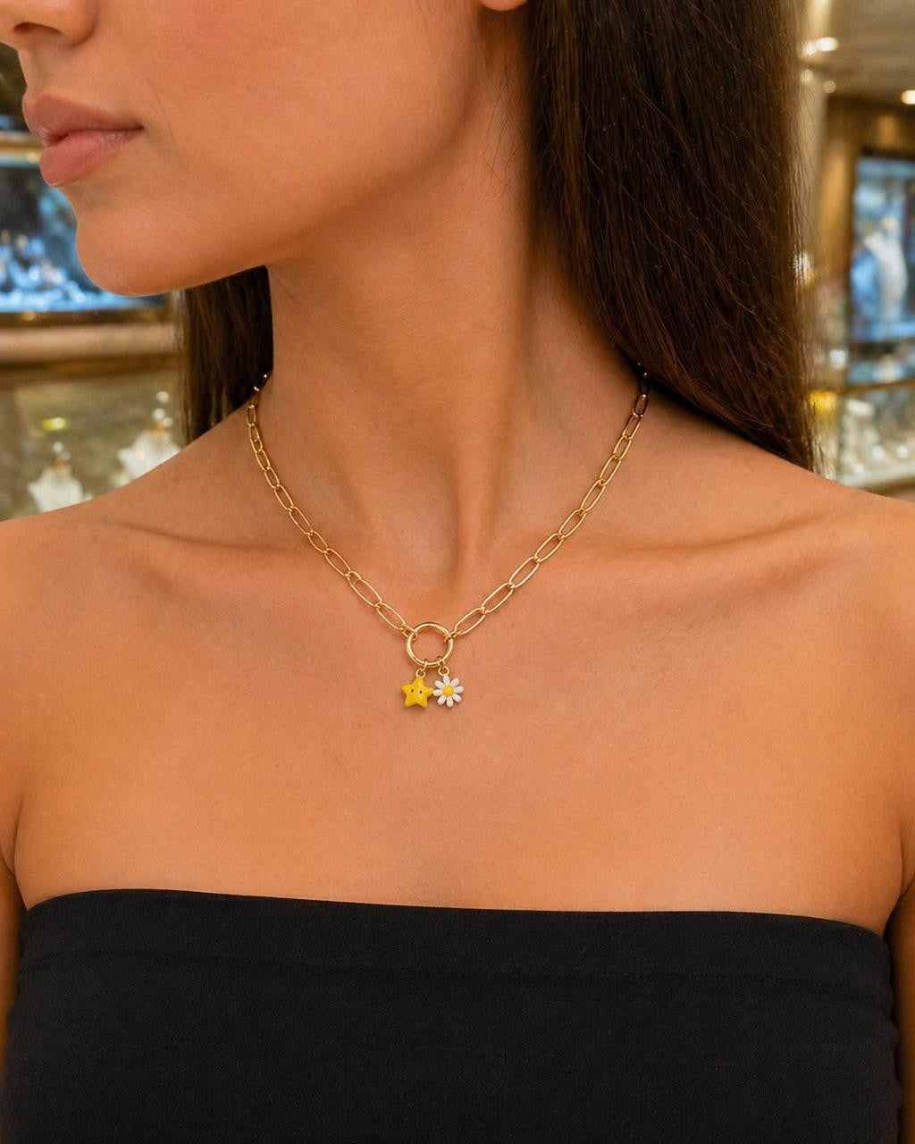 Flower & Star Enamel Paperclip Necklace – Gold Plated — original product photo 1
