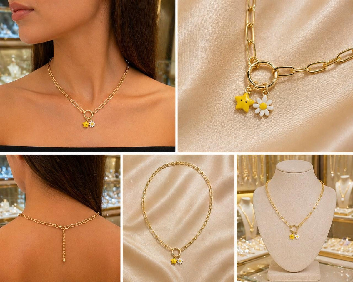 Flower & Star Enamel Paperclip Necklace – Gold Plated — original product photo 4