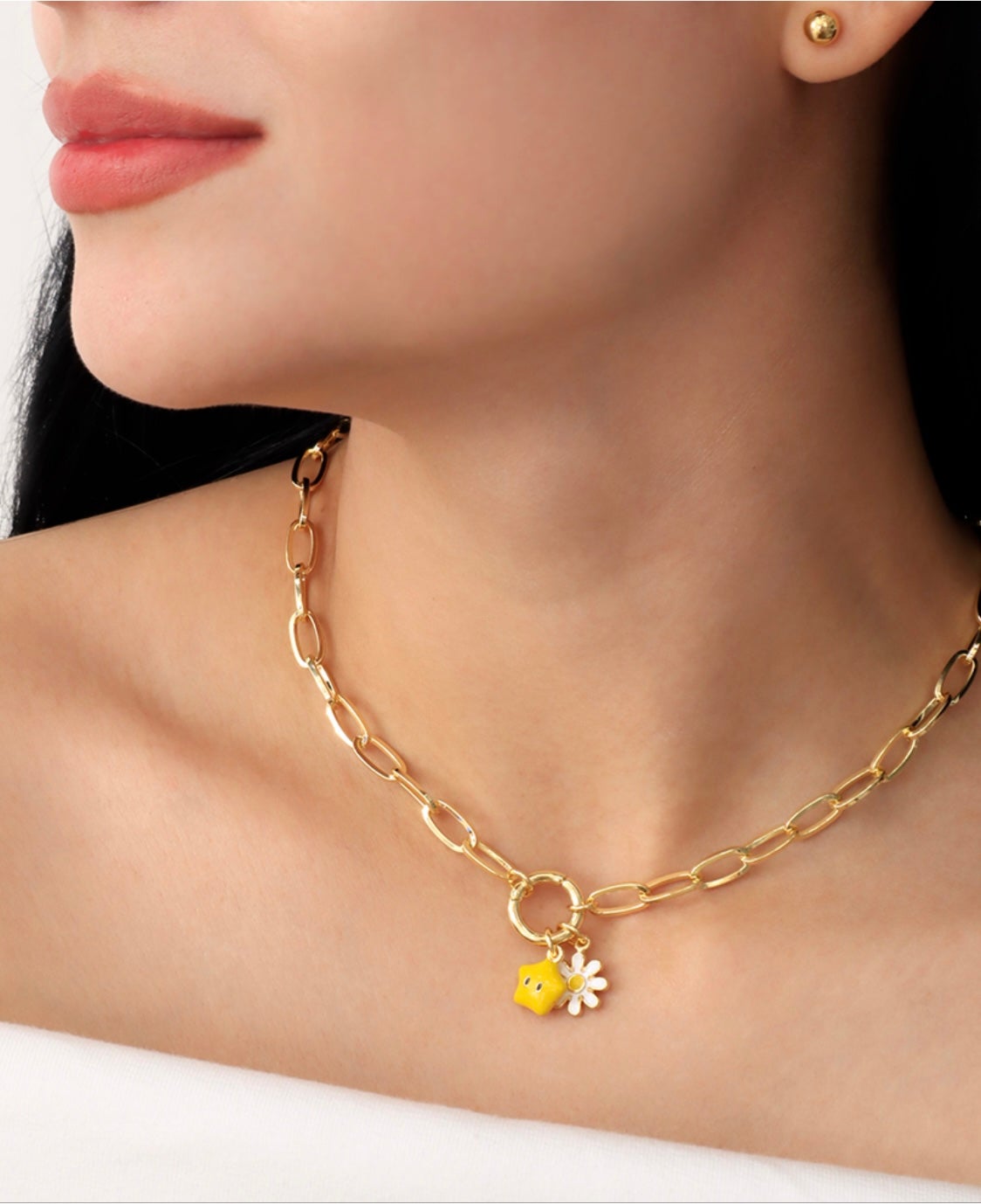 Flower & Star Enamel Paperclip Necklace – Gold Plated — original product photo 5