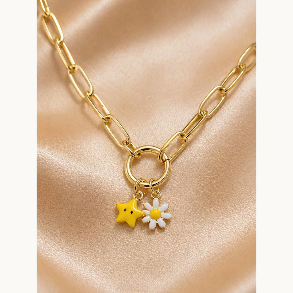 Flower & Star Enamel Paperclip Necklace – Gold Plated — original product photo 6