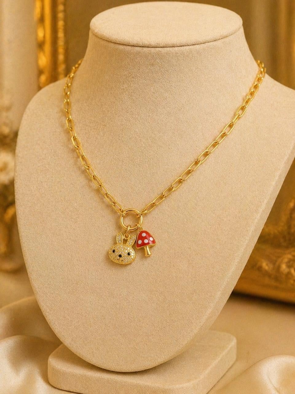 Rabbit & Mushroom Paperclip Necklace – Gold Plated — original product photo 6