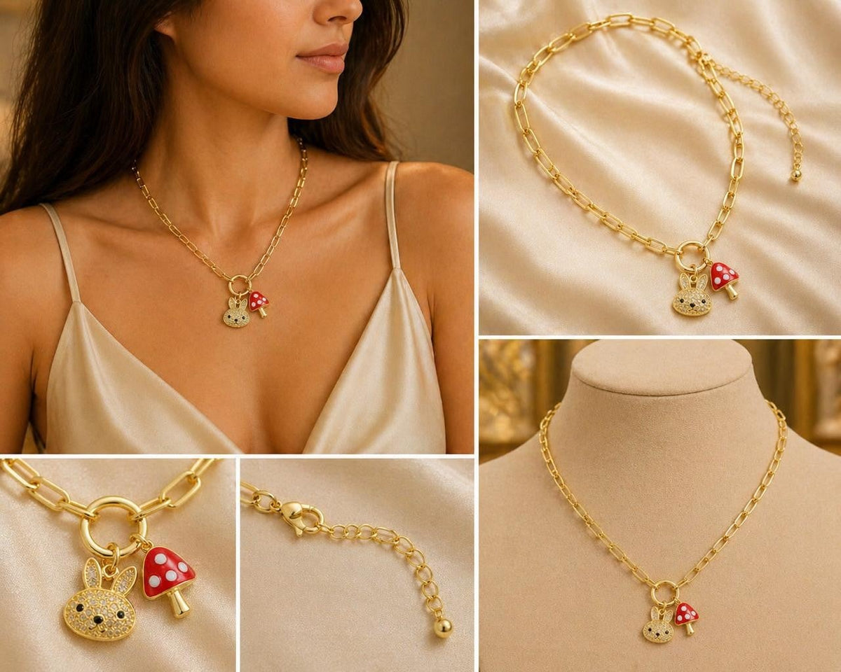 Rabbit & Mushroom Paperclip Necklace – Gold Plated — original product photo 7
