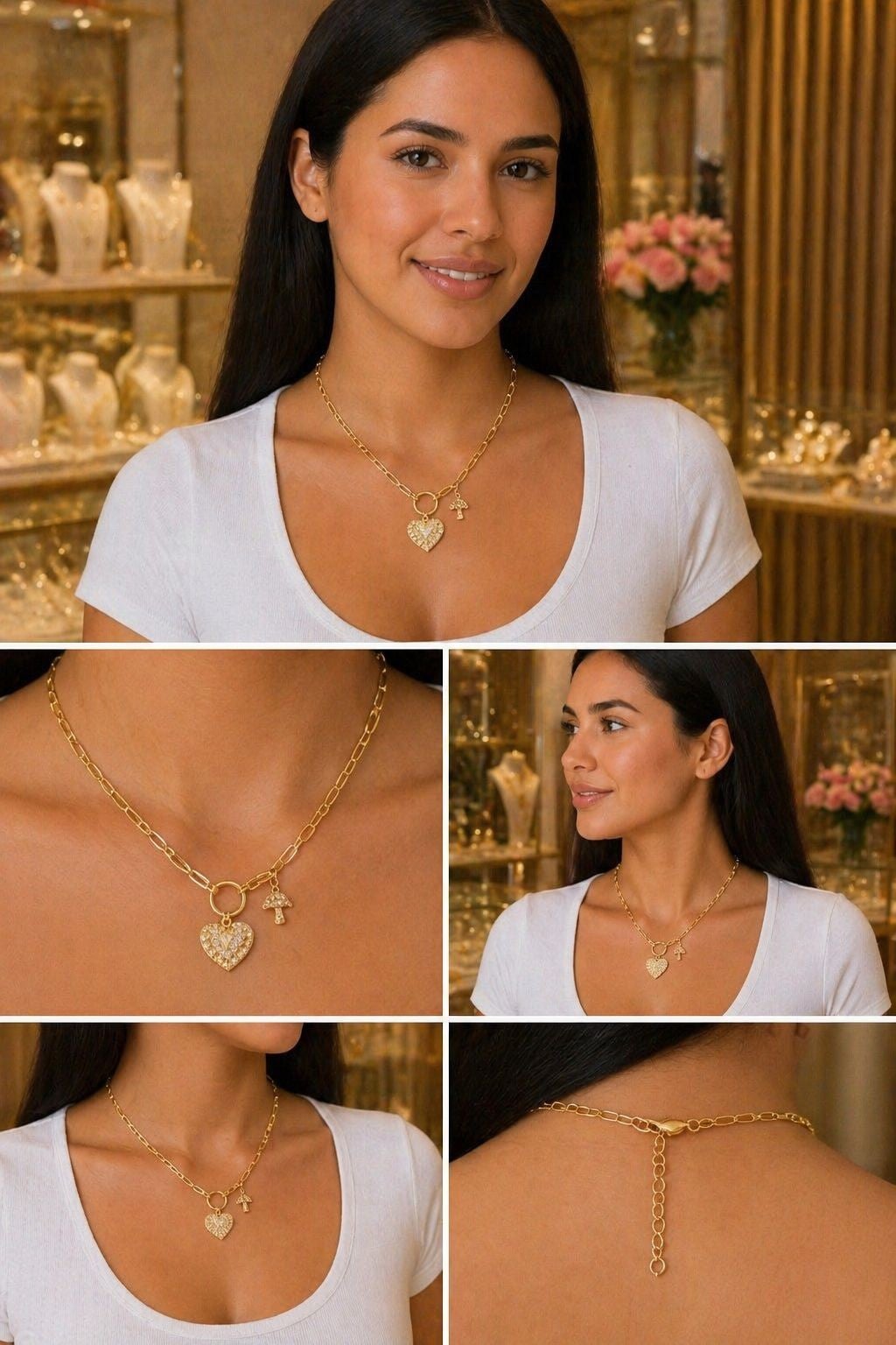 Heart & Mushroom Paperclip Necklace – Gold Plated — original product photo 2