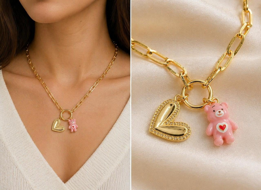 Enamel Bear & Sparkling Heart Paperclip Necklace – Gold Plated — original product photo 2