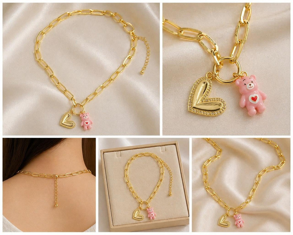 Enamel Bear & Sparkling Heart Paperclip Necklace – Gold Plated — original product photo 3