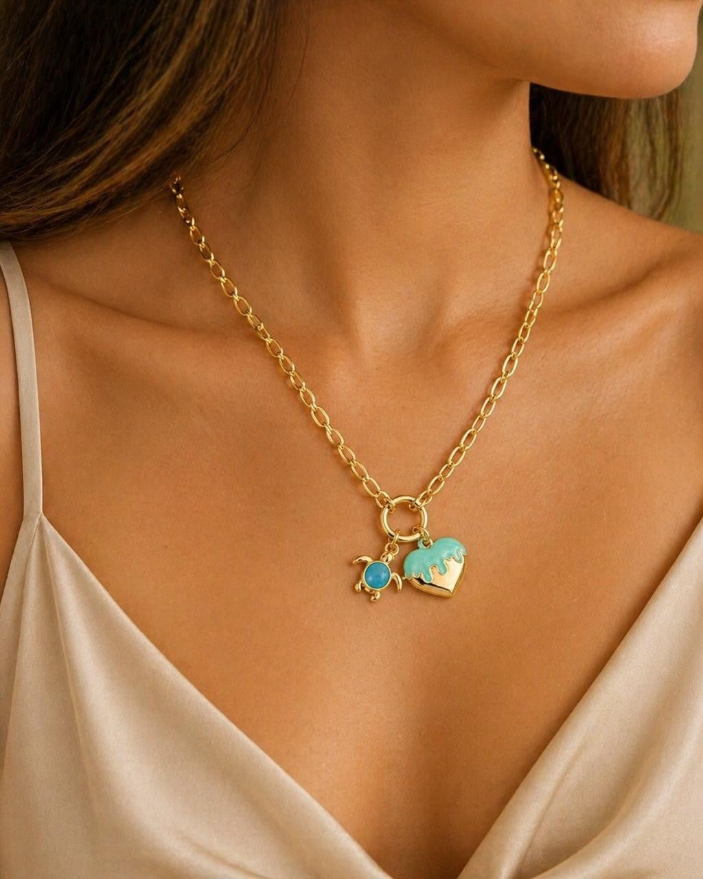 Blue Enamel Heart Charm Paperclip Necklace – Gold Plated — original product photo 1