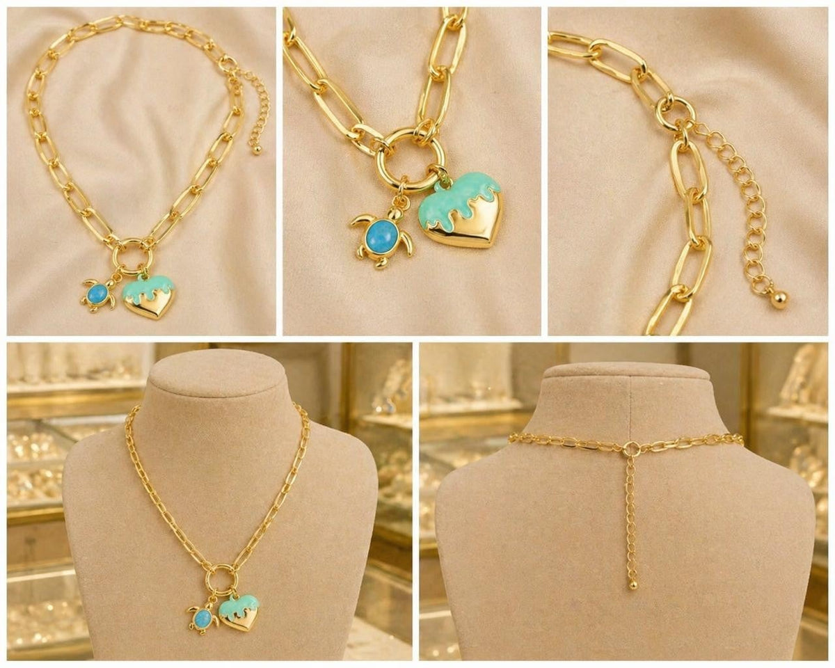 Blue Enamel Heart Charm Paperclip Necklace – Gold Plated — original product photo 4