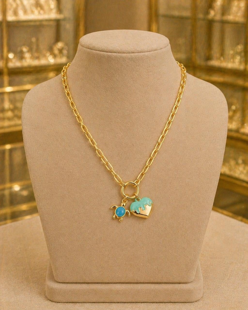 Blue Enamel Heart Charm Paperclip Necklace – Gold Plated — original product photo 5
