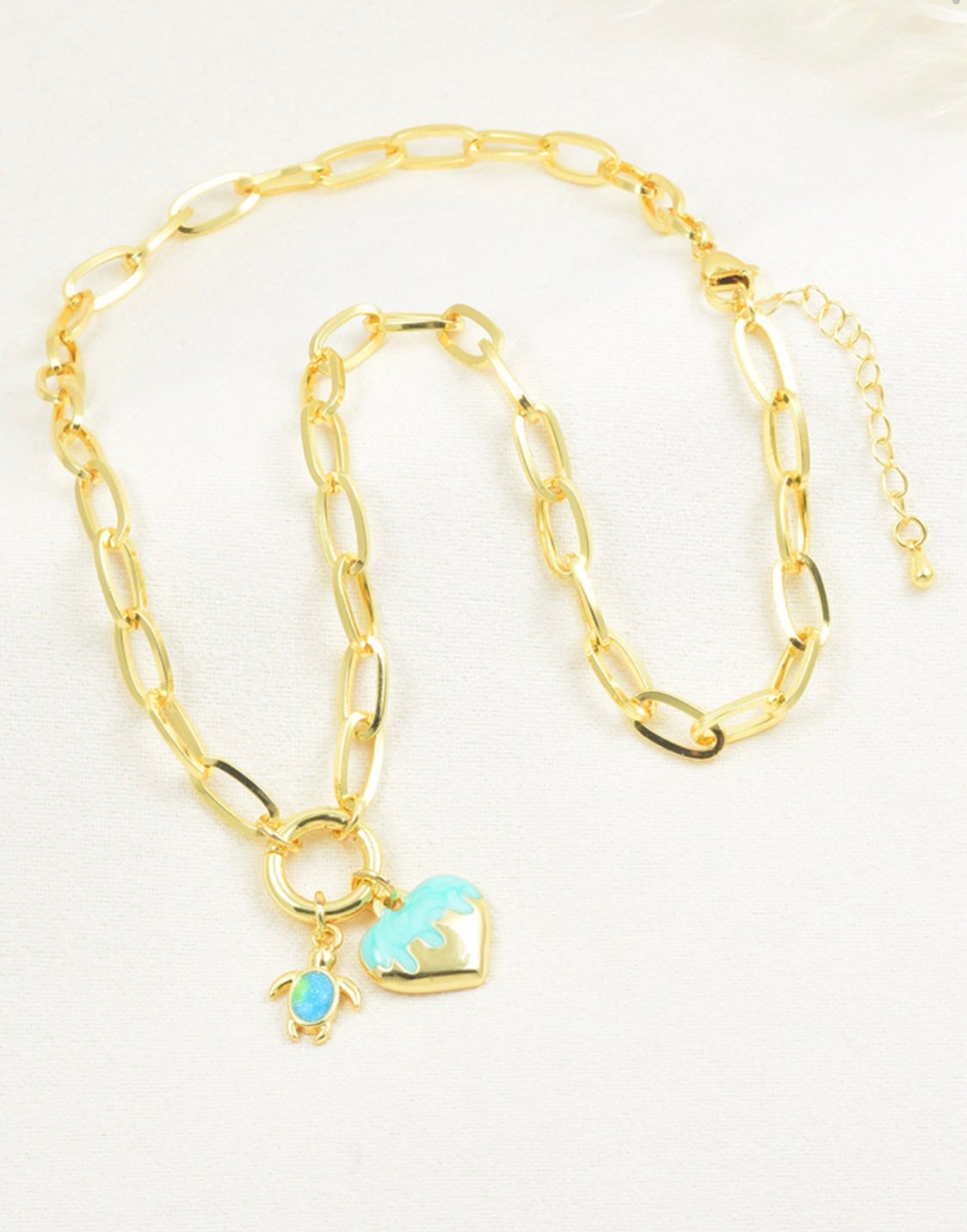 Blue Enamel Heart Charm Paperclip Necklace – Gold Plated — original product photo 6