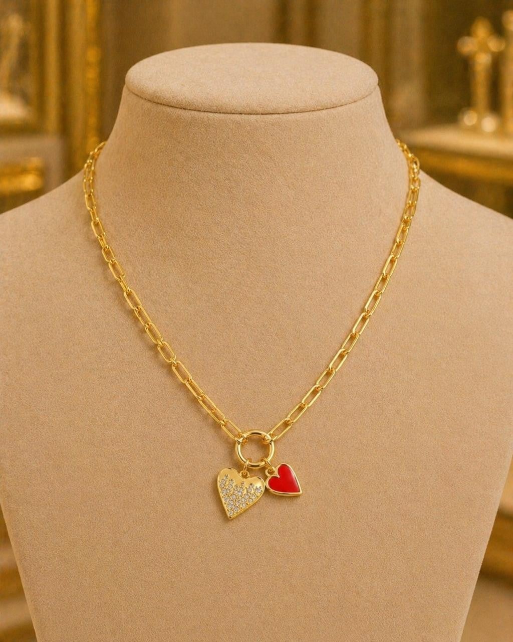 Red Enamel & Sparkling Heart Paperclip Necklace – Gold Plated — original product photo 5