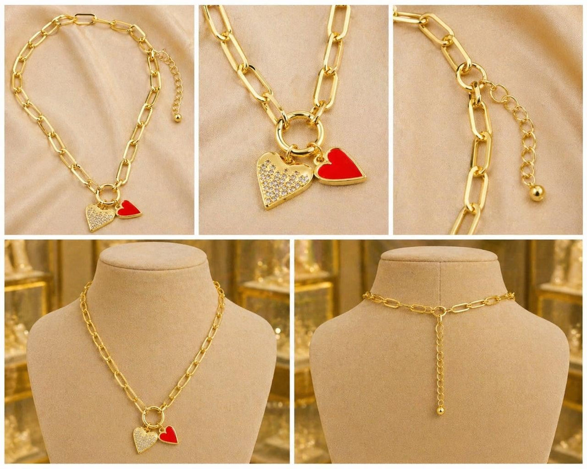 Red Enamel & Sparkling Heart Paperclip Necklace – Gold Plated — original product photo 6