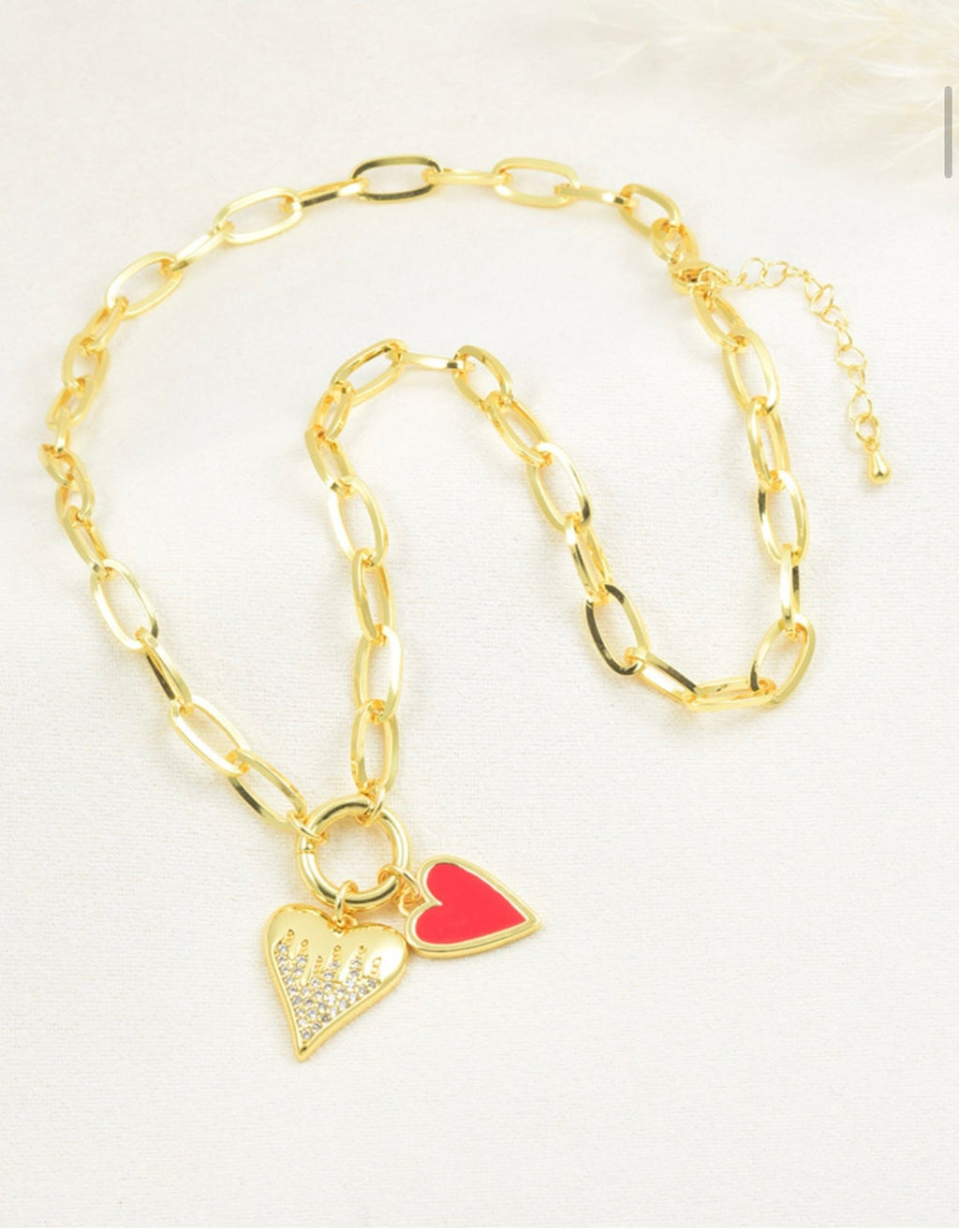 Red Enamel & Sparkling Heart Paperclip Necklace – Gold Plated — original product photo 7
