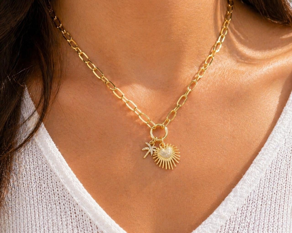 Sun & Palm Tree Paperclip Necklace – Gold Plated — original product photo 1