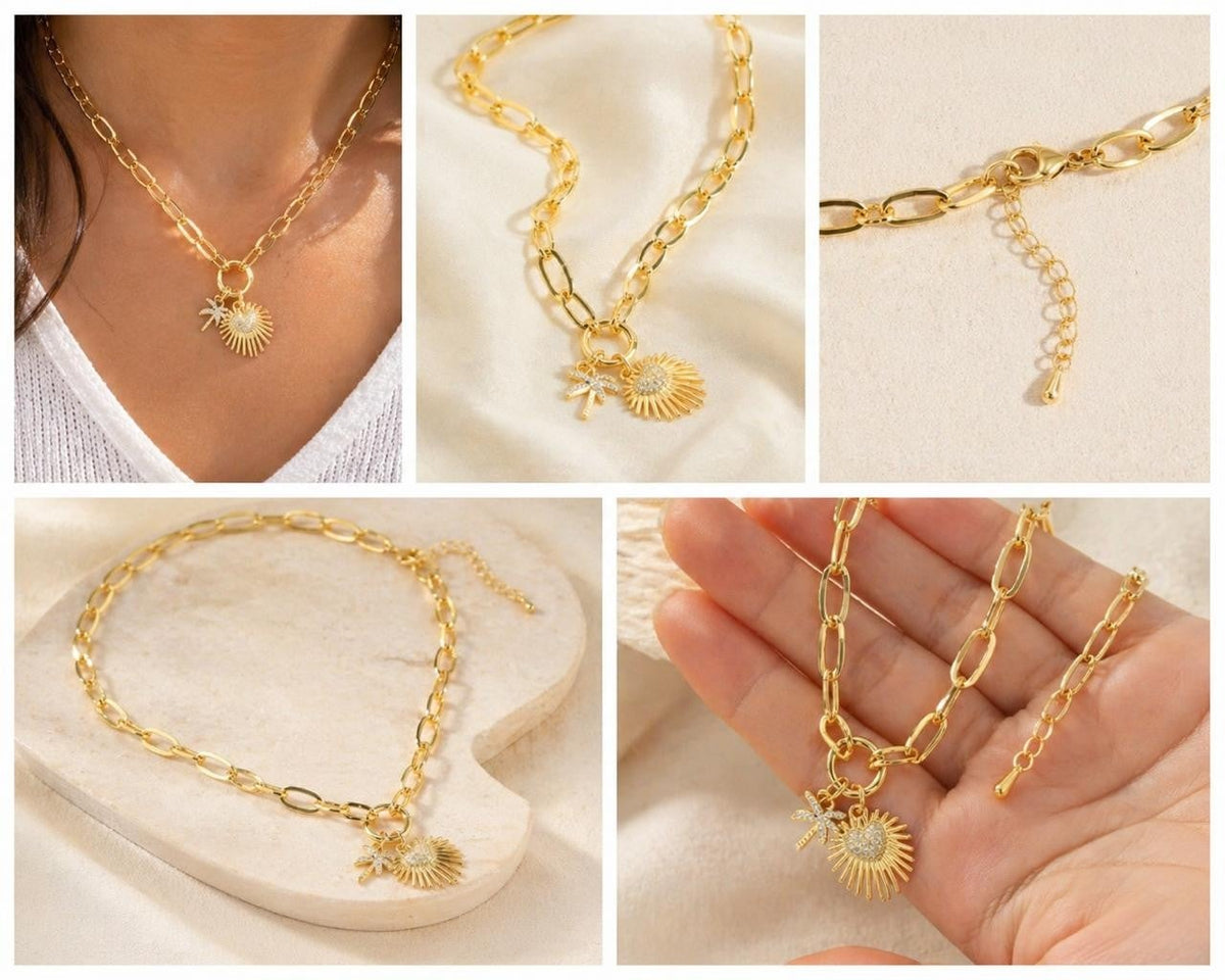 Sun & Palm Tree Paperclip Necklace – Gold Plated — original product photo 2