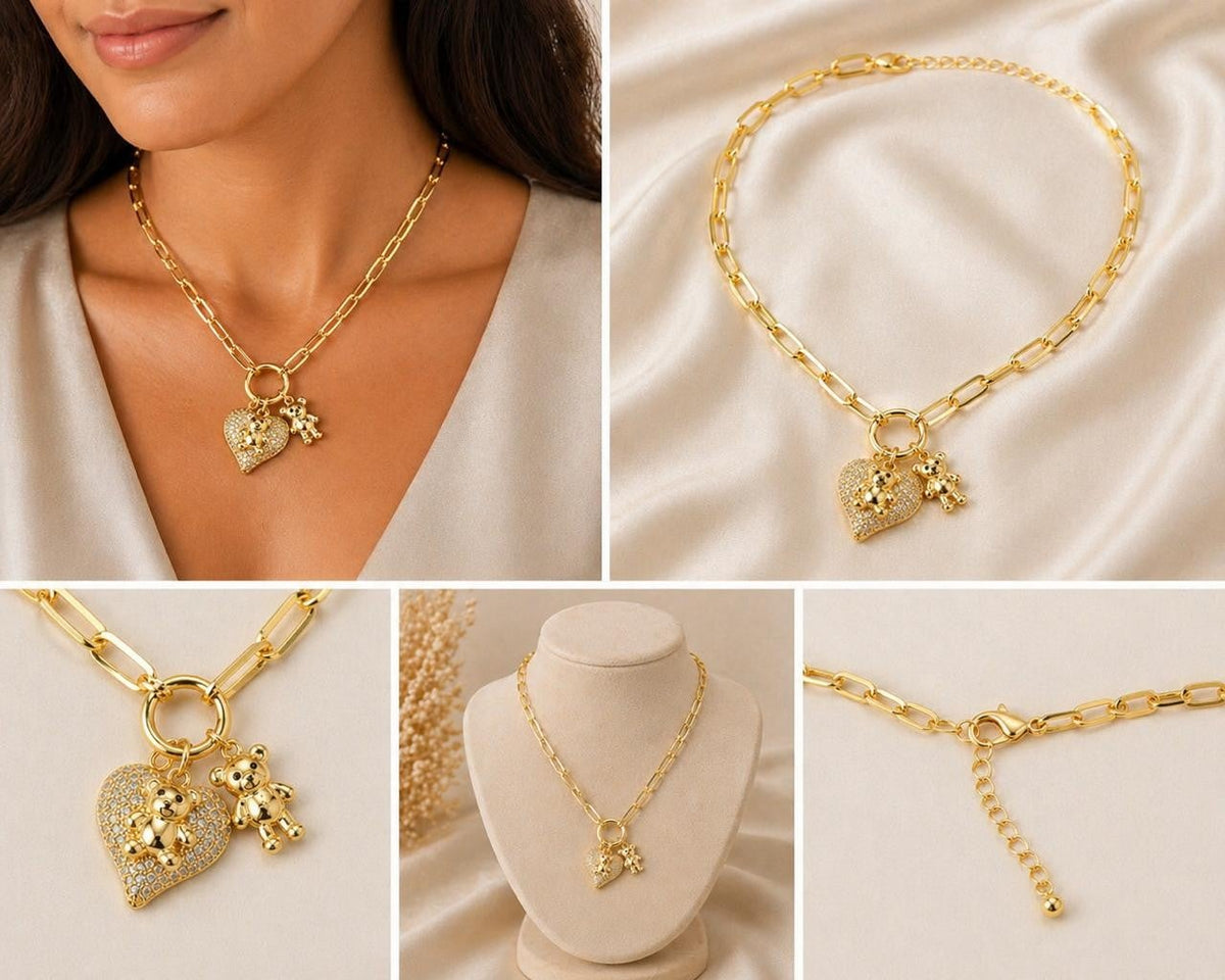 Bear & Heart Paperclip Necklace – Gold Plated — original product photo 3