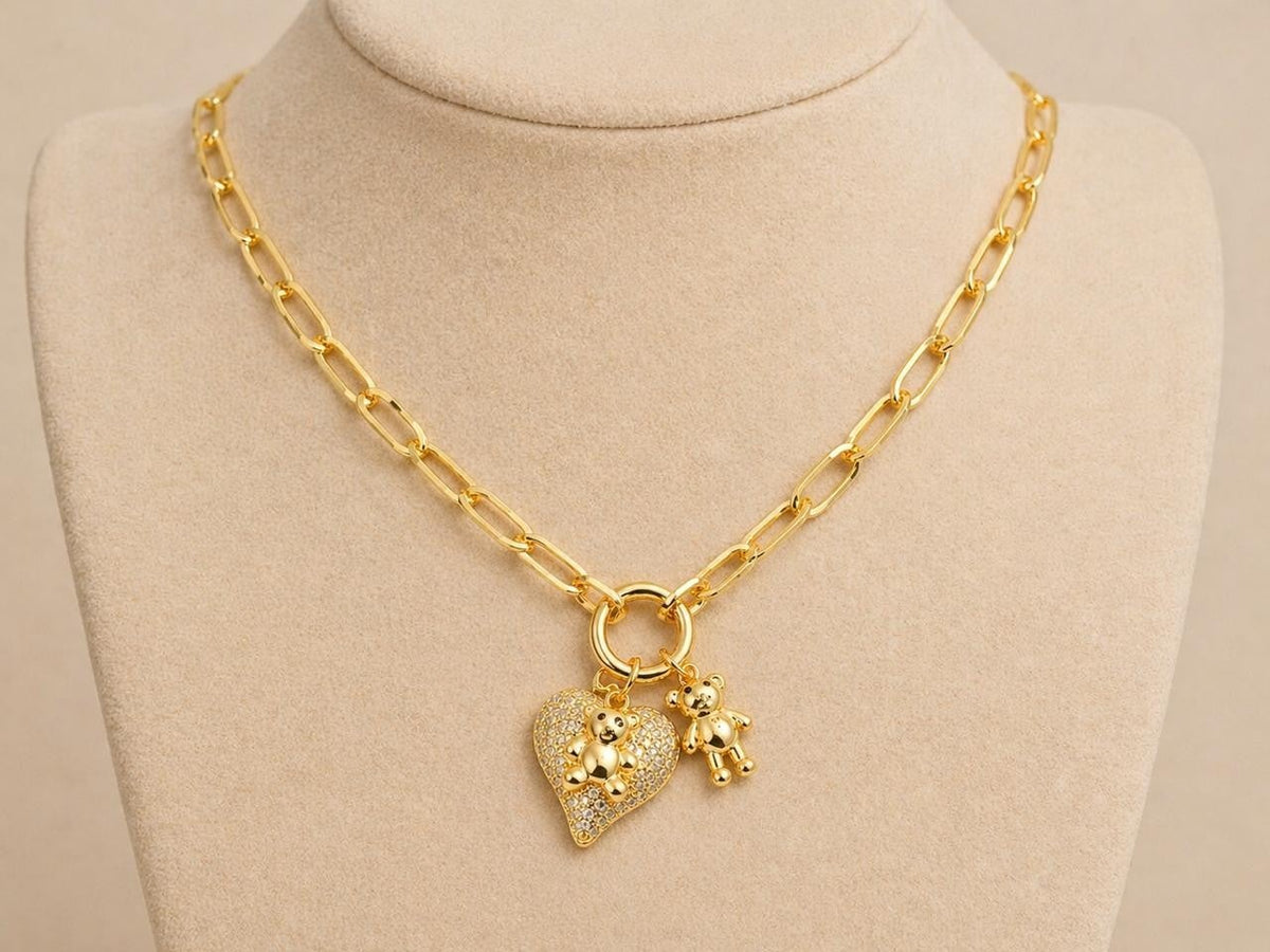 Bear & Heart Paperclip Necklace – Gold Plated — original product photo 5