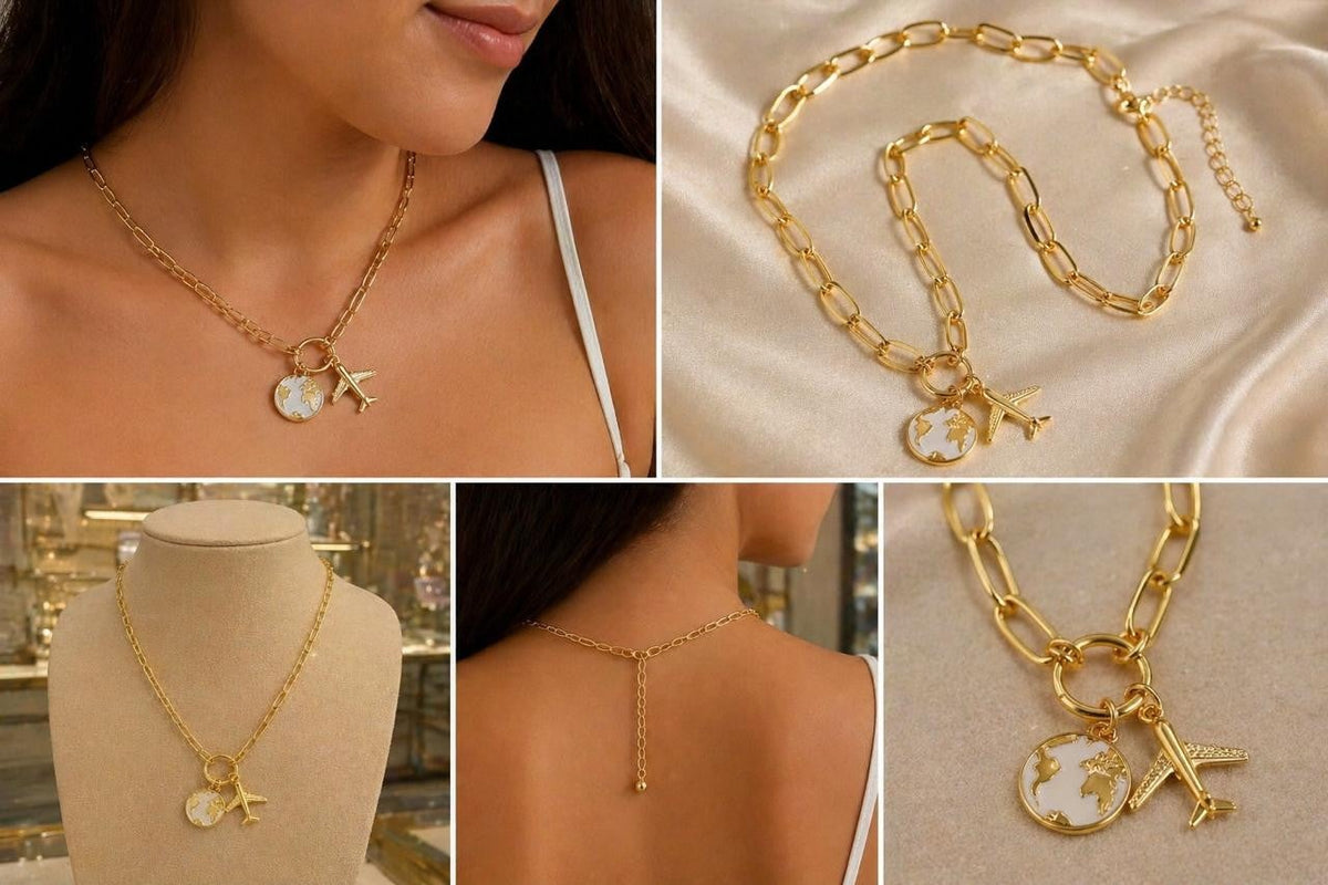 Adventure Travel Charm Paperclip Necklace – Gold Plated — original product photo 4