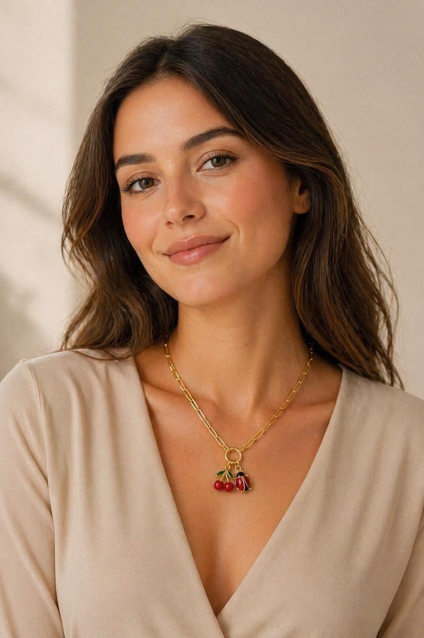 Cherry & Beetle Paperclip Necklace – Gold Plated — original product photo 1